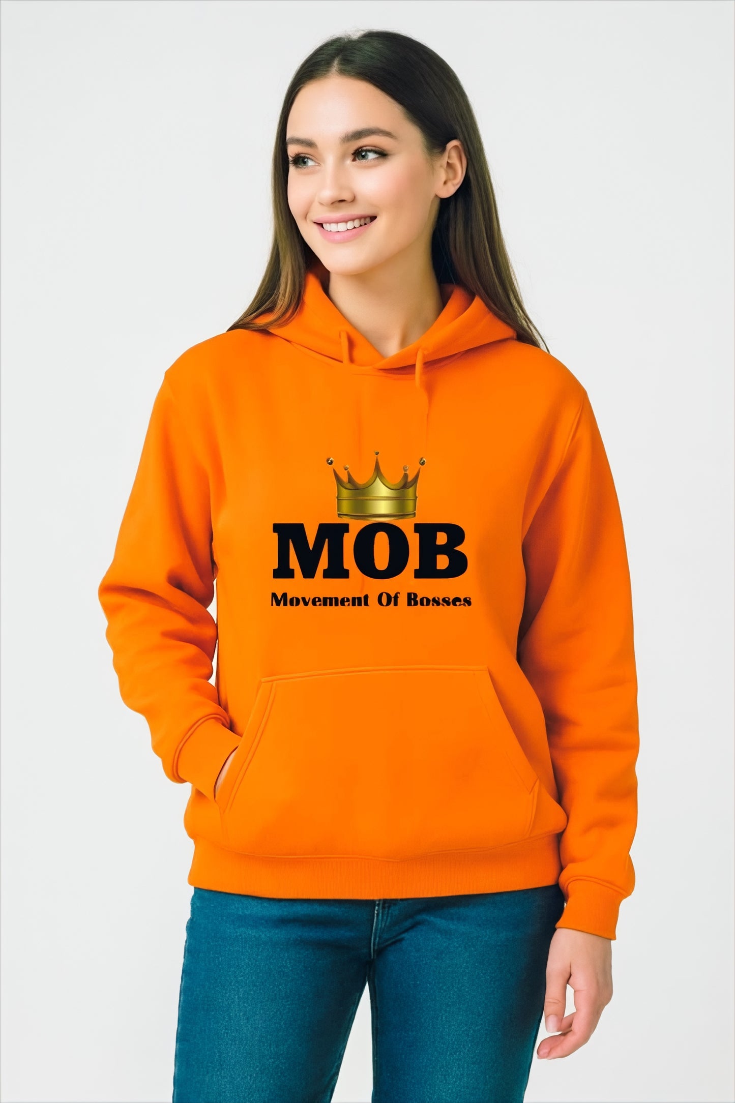 Women’s Orange With Black Font MOB Hoodie