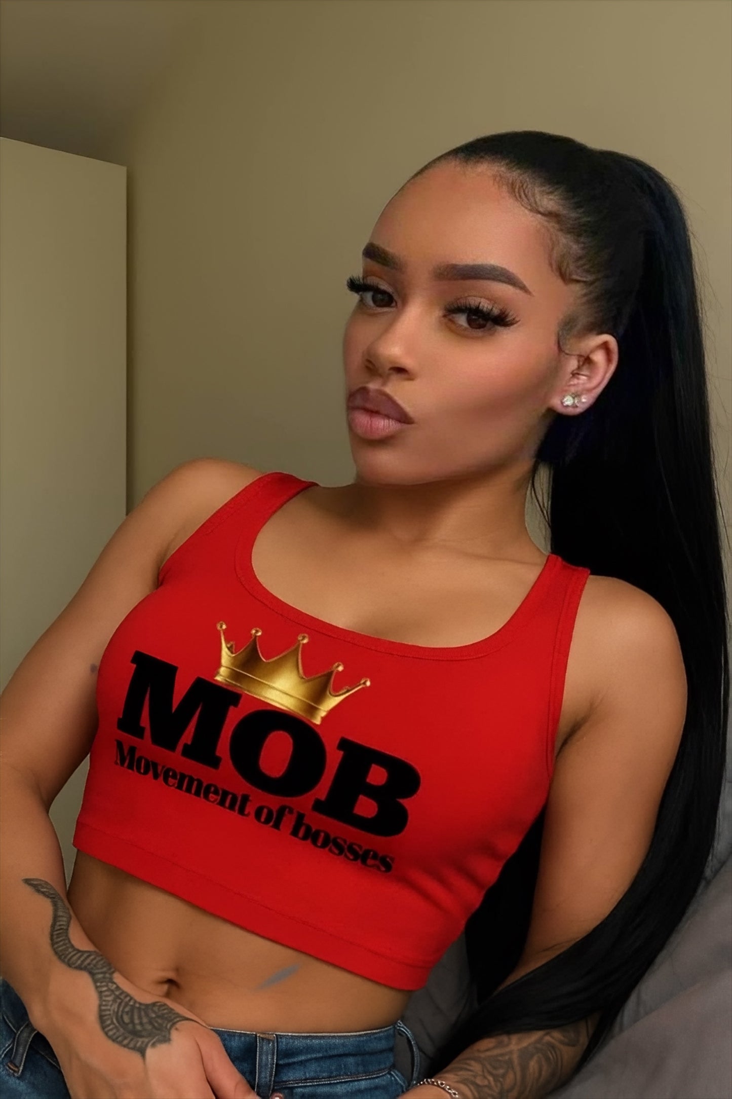 Red With Black Font MOB Crop Top