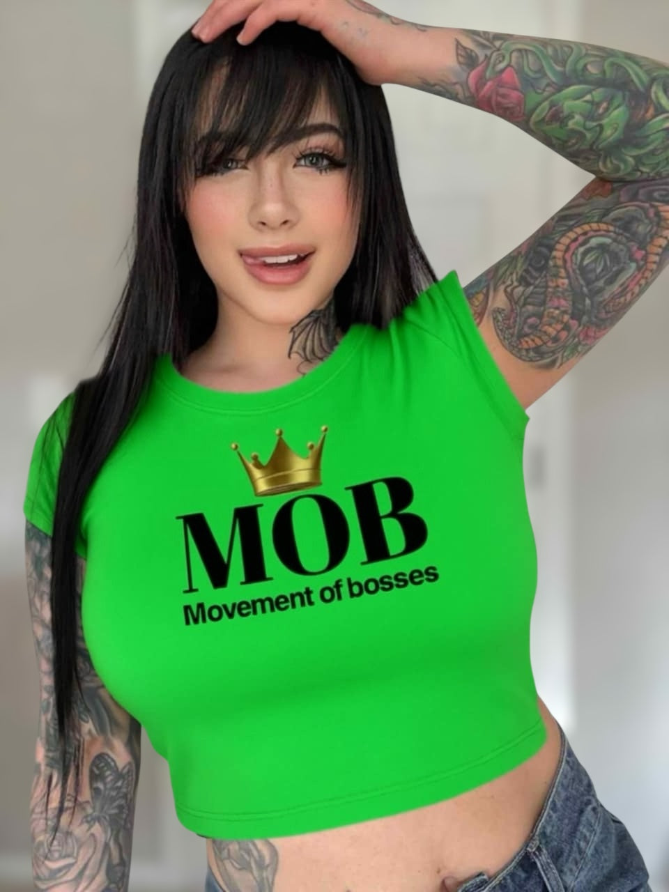 Lime Green With Black Font MOB Crop Top