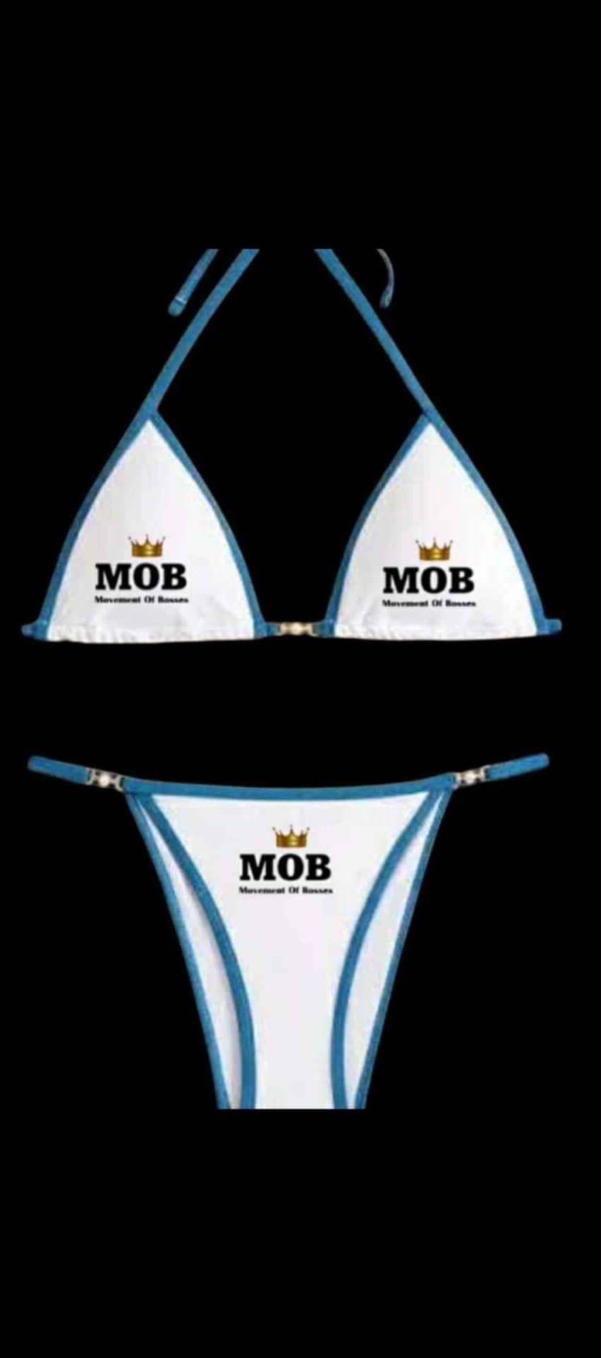 White MOB With Light Blue Trim Bikini Set