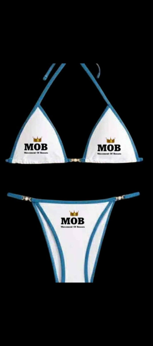 White MOB With Light Blue Trim Bikini Set