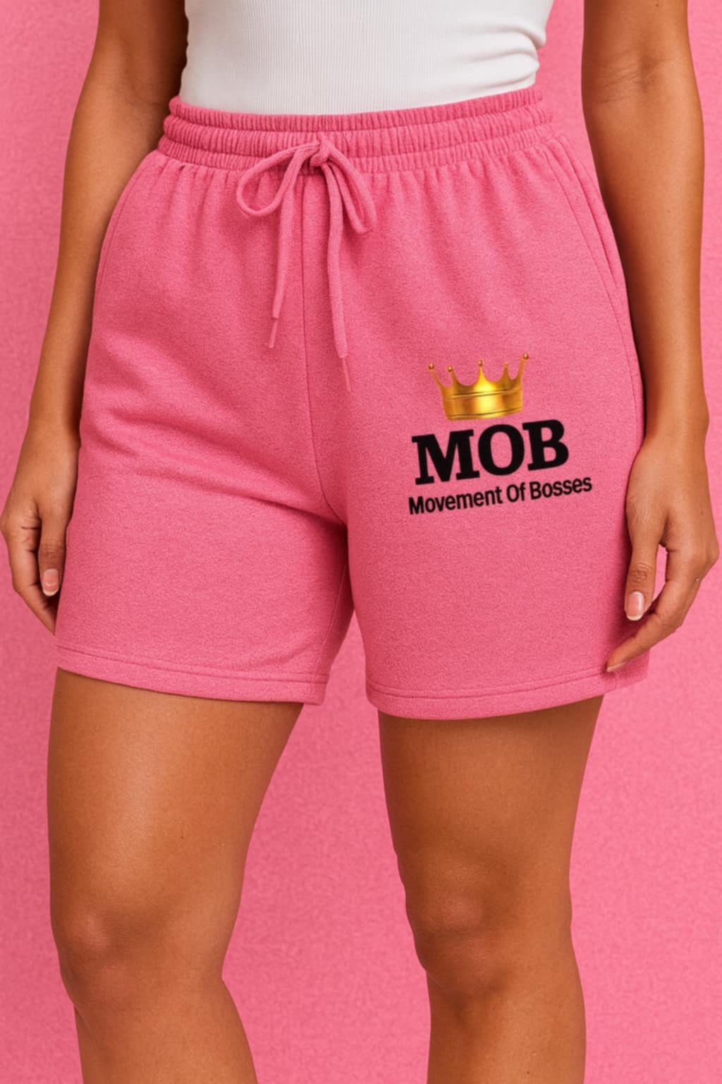 Women’s Pink With Black Font MOB Drawstring Shorts