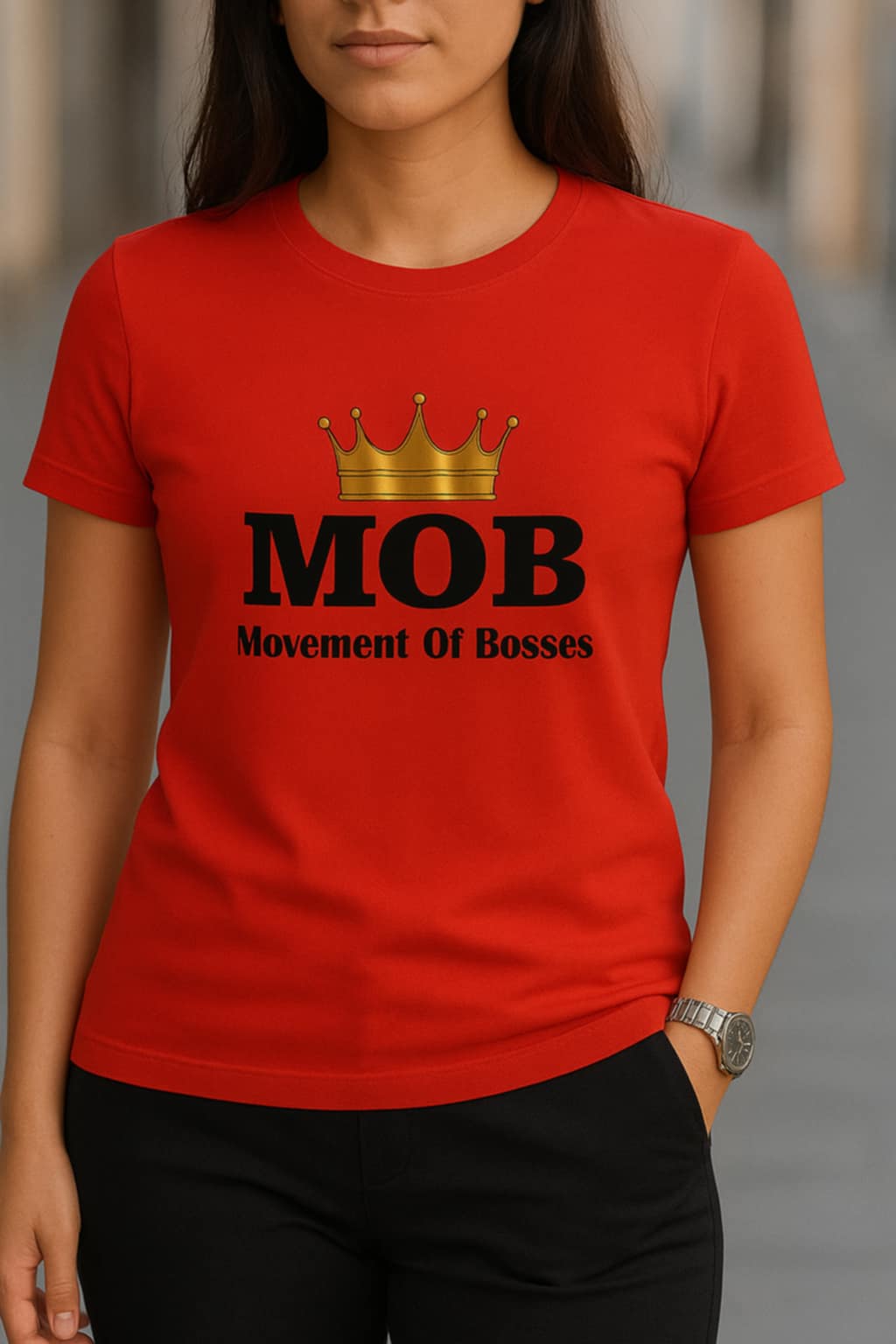 Women’s Red With Black Font MOB T-Shirt