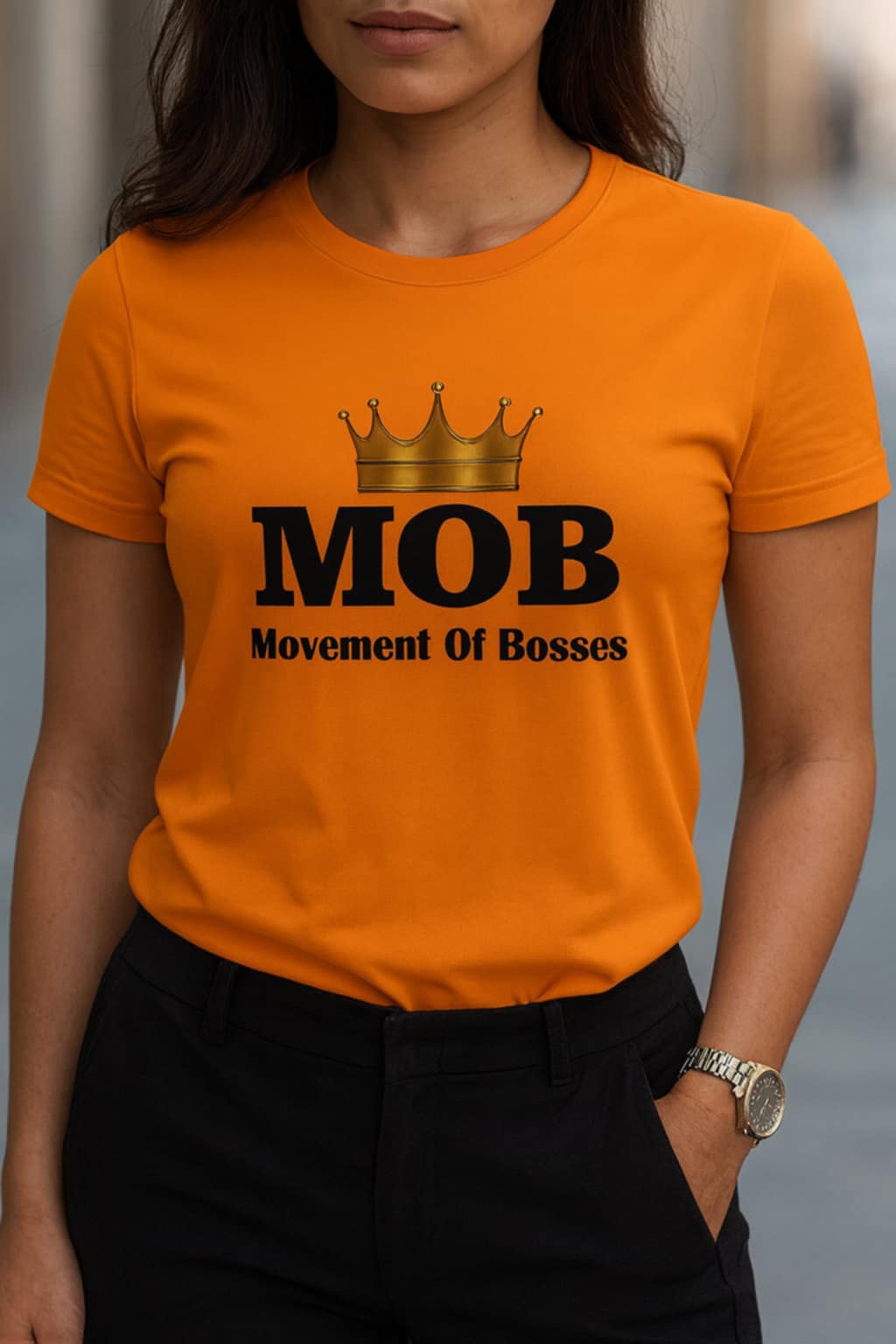 Women’s Orange With Black Font MOB T-Shirt